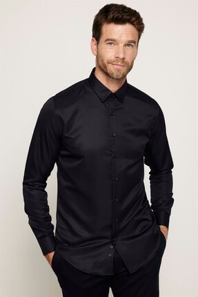 Tudors Slim+Fit+Siyah+Erkek+Gomlek
