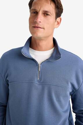 DeFacto Relax Fit Dik Yaka Fermuarlı Basic Düz Kalın Sweatshirt E5334AX24WN