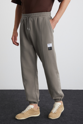 GRIMELANGE ROWAN Erkek Organik Pamuklu Relaxed Fit İçi Polarlı Süs etiketli Jogger Gri Eşofman Altı
