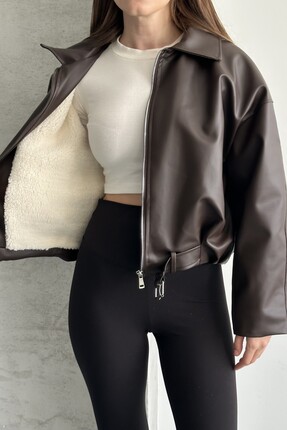 moda armanc Kadın İçi Kürklü Suni Deri Ceket - Oversize İçi Peluş Astarlı Premium Biker Mont